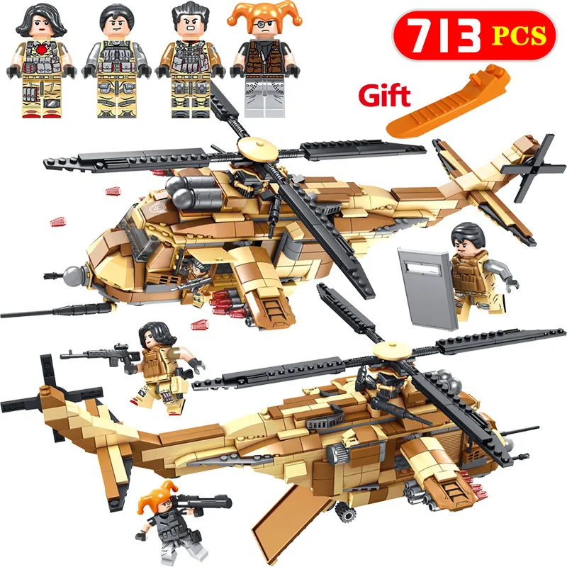

New 713pcs Special Troops Military Action Figures Building Blocks Bricks DIY Helicopter Model Building BlocksToys For Children