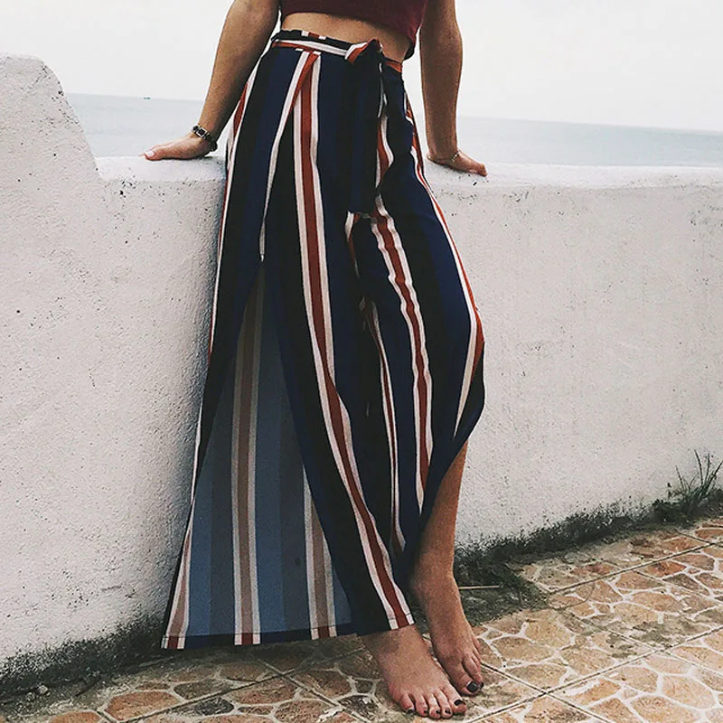Women Chiffon Wide Leg Pants High Waist Elastic Boho Beach