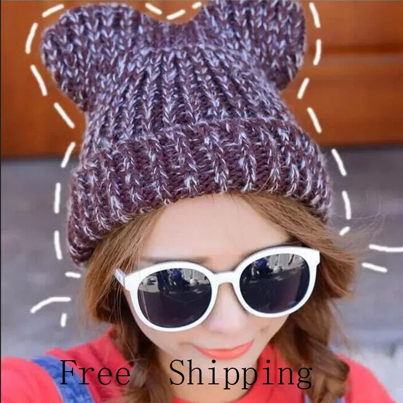 

2016 Cute Bear Ear Knit Hat Hot Autumn Winter Ear Cap Women Hats 7 Colors Hot Tide Gift Blending wool cap
