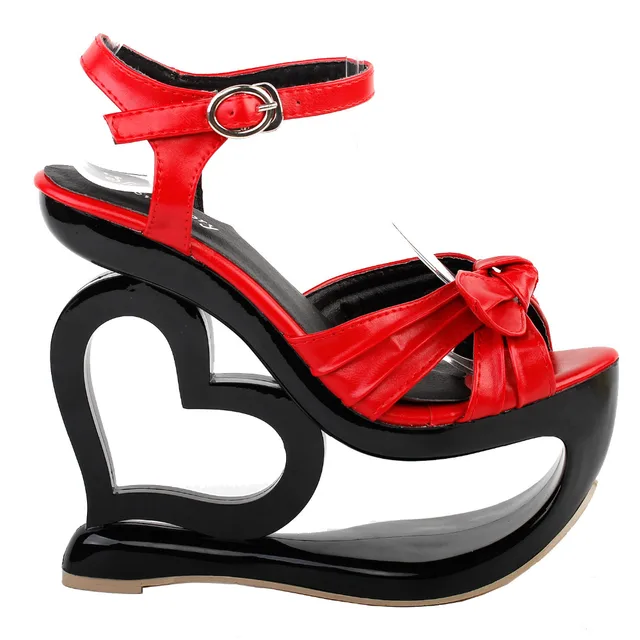 lf40208 sexy black red criss cross heart heel wedge platform sandals size 5 wedge