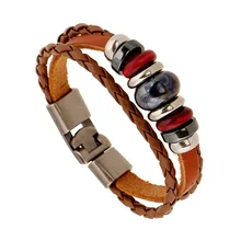 Fashion Leather Alloy Buckles Bracelets Handmade Leather Brown Beaded Bangles Punk Braided Wooden Beads Bracelet Unisex Jewelry