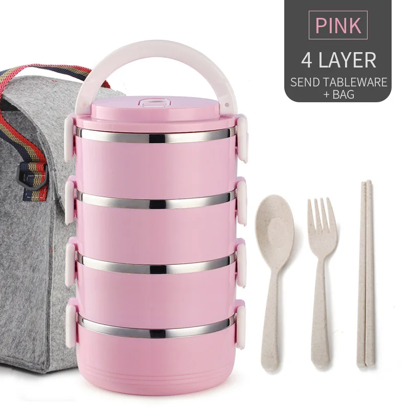 Pink 4 Layer And Bag WORTHBUY, японский Ланч-бокс для детей, портативный контейнер для еды, из нержавеющей стали, бенто-бокс с столовыми приборами, кухонный Бенто-Ланч-бокс - Color: Pink 4 Layer And Bag