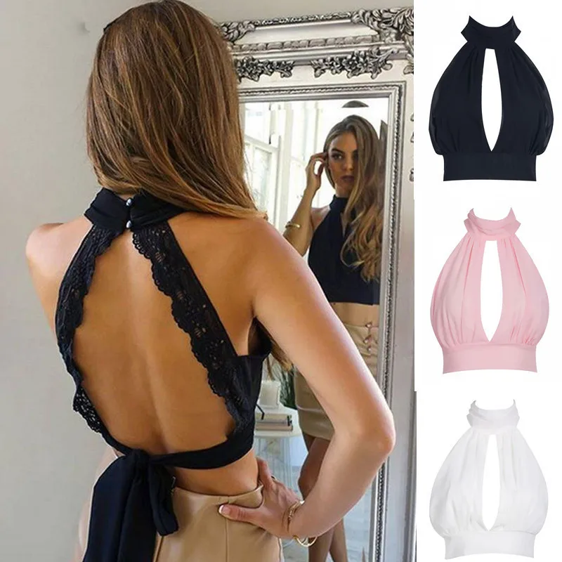 Summer 2017 Sexy Backless Black Lace Women Tank Tops Girls High Neck Elegant Halter Tops Party