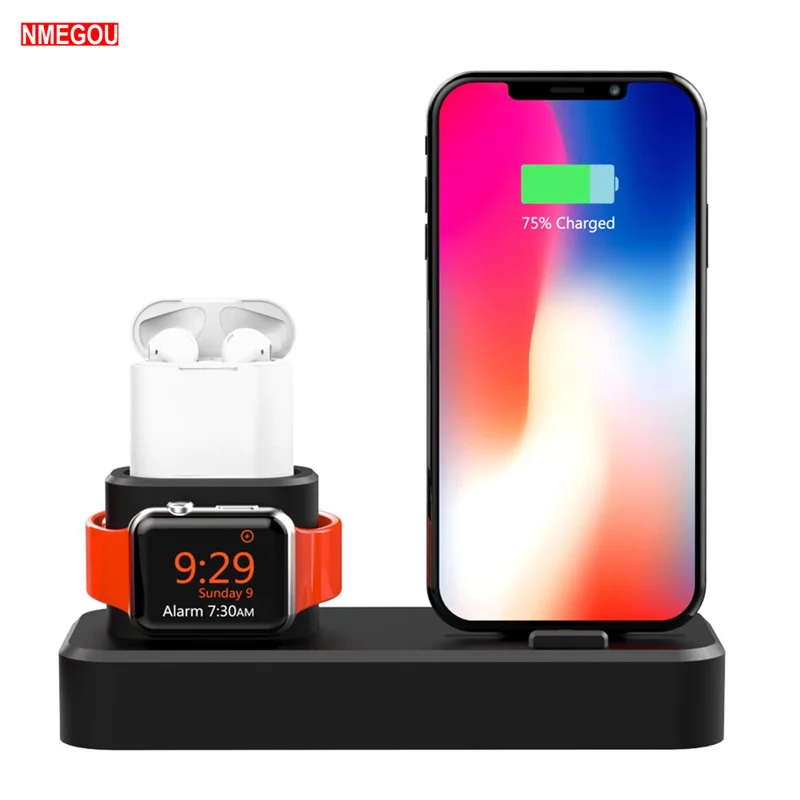 3 In 1 Charging Dock Station Holder for Iphone X XR XS Max Silicone Charger Stand Support Apple Watch Series 4 2 Airpods | Мобильные