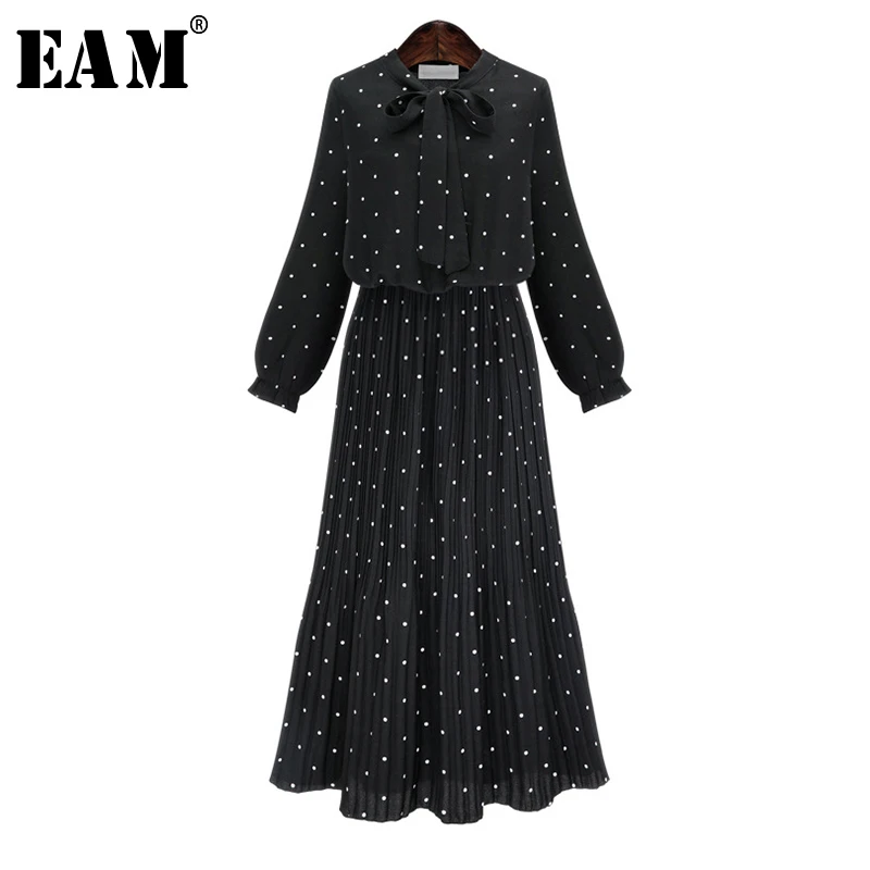 [EAM] 2019 Новинка весны с длинными рукавами и круглым вырезом сплошной черный шифоновое в горошек Свободные Большой Размеры платье Для женщин
