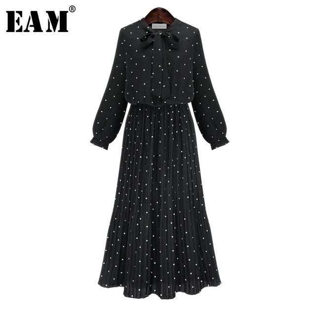 US $13.02 [EAM] 2020 New Spring Round Neck Long Sleeve Solid Black Chiffon Dot Loose Big Size Dress Women Fas