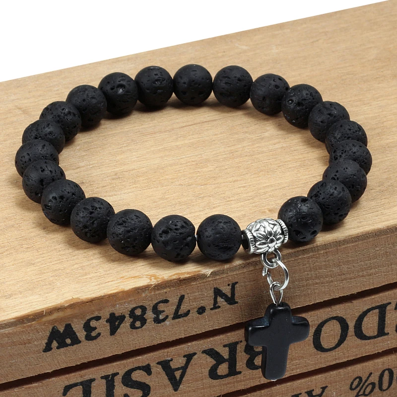 

New Cross Pendant Bracelet Men's Natural Lava Stone Beads Bracelets For Women Men Yoga Black Pine Distance Jewelry Lovers Gift