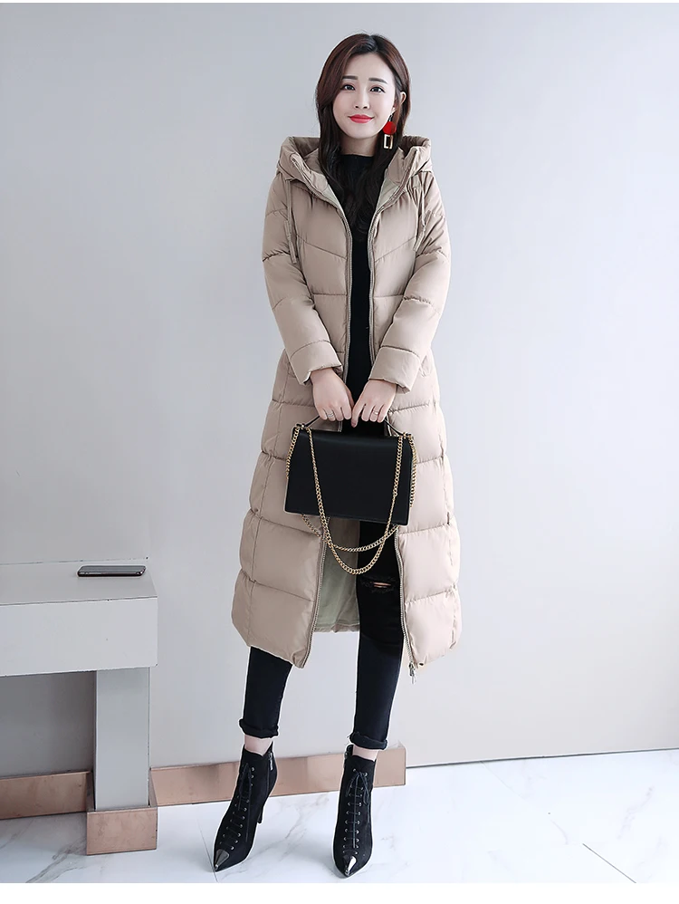 Зимнее пальто Новое плотное длинное облегающее Модное теплое пуховое пальто с капюшоном