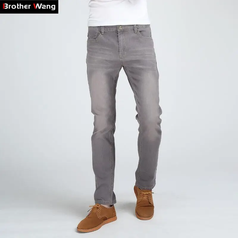 Brother Wang мужские тонкие модные джинсы высокого качества мужские эластичные серые обтягивающие джинсы для отдыха брендовая одежда