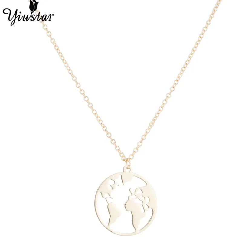 yiustar Gold World Map Stainless Steel Bracelets For Women Wave Bracelets Pendant Beach Jewelry Earth Map Christmas Gifts - Окраска металла: necklace gold