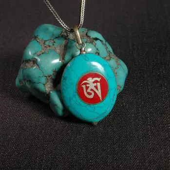 

Handmade 925 Silver Turquoise Tibetan OM Pendant Necklace Tibetan Buddhist Klachakra Pendant Necklace Bohemia Necklace