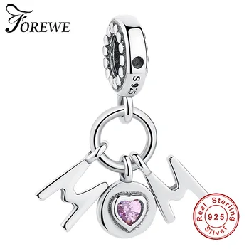 

Pink CZ Mom Dangle Charm Fit Original Pandora Charms Bracelets 925 Sterling Silver Letters Beads for Jewelry Making Mother Gifts