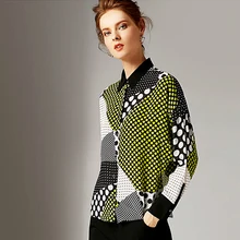 Blouse Women Shirt 100% Silk Drop-shoulder Design Dot Printed Turn-down Collar Long Batwing Sleeves Elegant Style Fashion 2019 simple design shirt collar long sleeves high low letter printed shirt for women