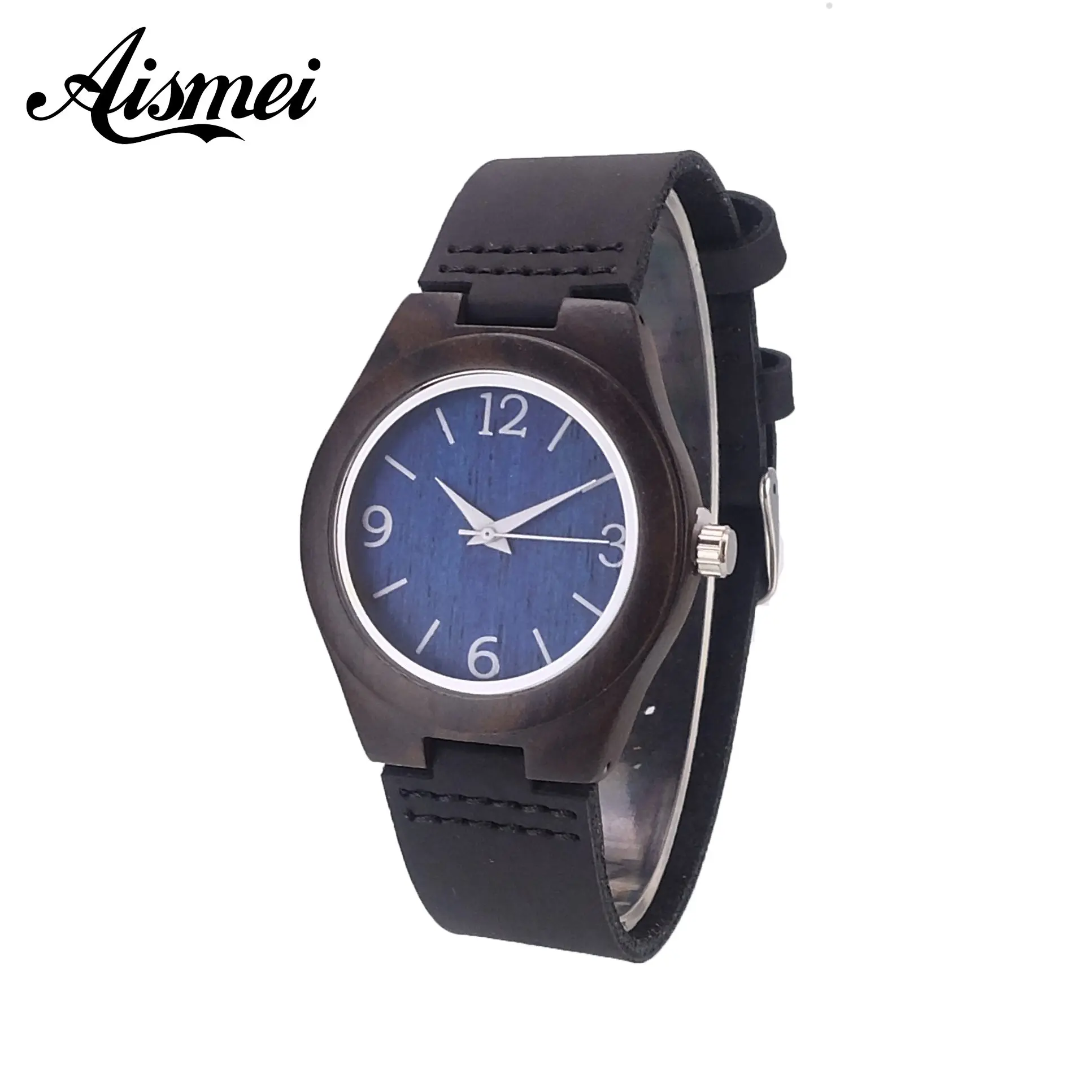 

Fashion Brand blue Dial Natural Black Bamboo Wood Women Watch Genuine Leather female Wooden Clock hour Reloj de madera gifts