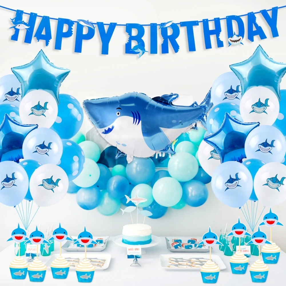 Huiran Requin Ballons Decorations De Fete D Anniversaire Pour Enfants Bebe Douche Joyeux Anniversaire Banniere Papier Fleur Fete Fournitures Aliexpress