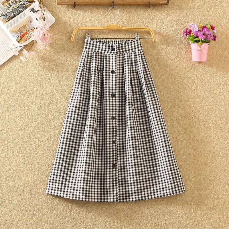 

2019 Summer Women Skirts High Waist A-Line Skirt Japan Sweet Buttons Maxi Skirts Plaid School Skirts Faldas Largas Mujer Jupe