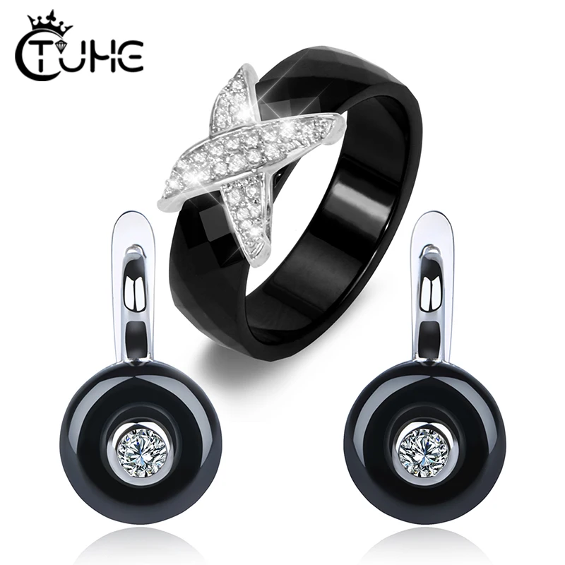 

8mm Width X Cross Ceramic Rings Stud Earrings Wedding Party Jewelry Sets Bling Rhinestone CZ Healthy Ceramic Jewelry Sets Gift