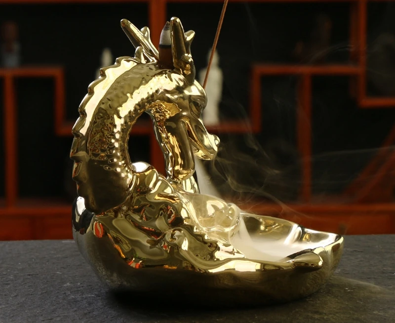 Яркий золотой дракон обратного потока ладан горелка керамика ладан держатель курильница поток дыма водопад домашний декор+ 10 шт. благовоний конусов