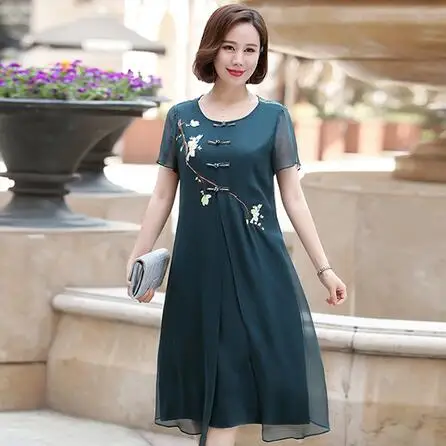 Fake Two Pieces Chiffon Dresses Middle Age Mother Short Sleeve Dress 2019 Summer New Women Elegant Embroidery Dress DF422