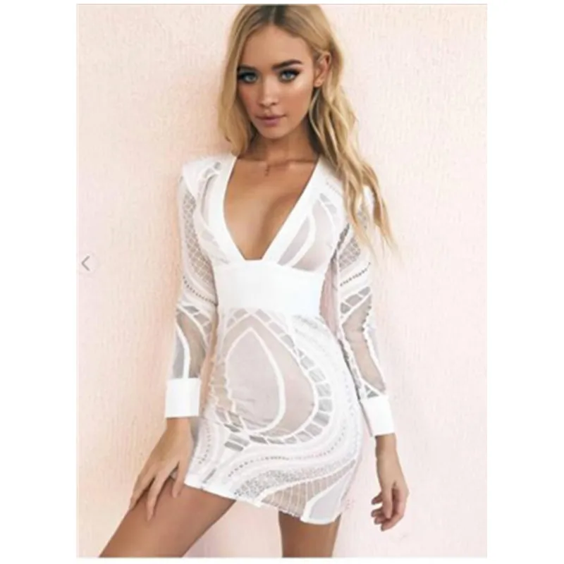 

2018 Fashion Women Bandage Bodycon Dress Sexy Deep V Neck Vestidos Slim Long Sleeve Evening Party Clubwear Pencil Mini Dress