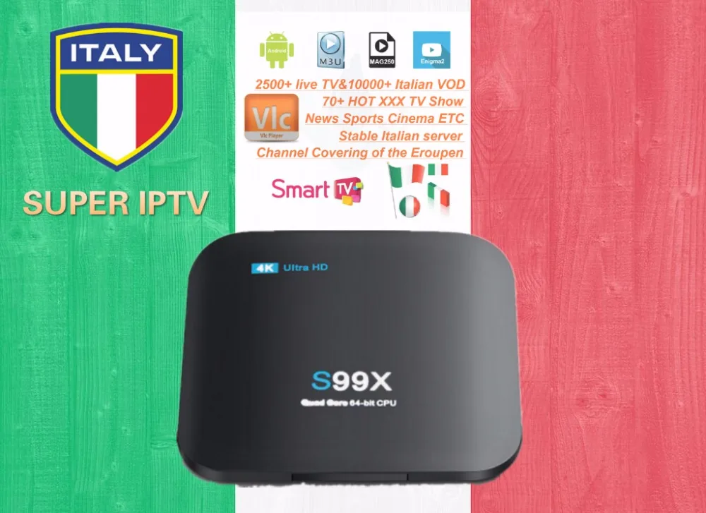 

Italian IPTV S99X BOX DVB-S2/T2/C Receptor Hybrid Tuner 3000 Live 20000 VOD European Ex-yu Adult Italy HOTXXX Channels package