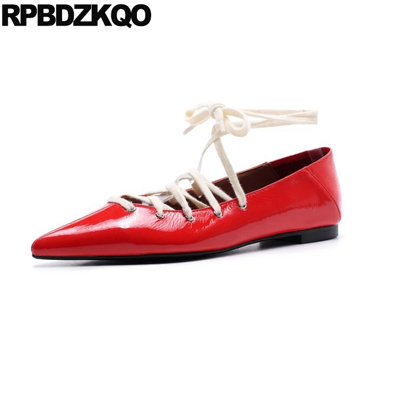 

High Quality Lace Up Lightweight Patent Leather Soft Ballet Flats Women Pointed Toe Shoes Genuine Red Mules Ballerina Slippers