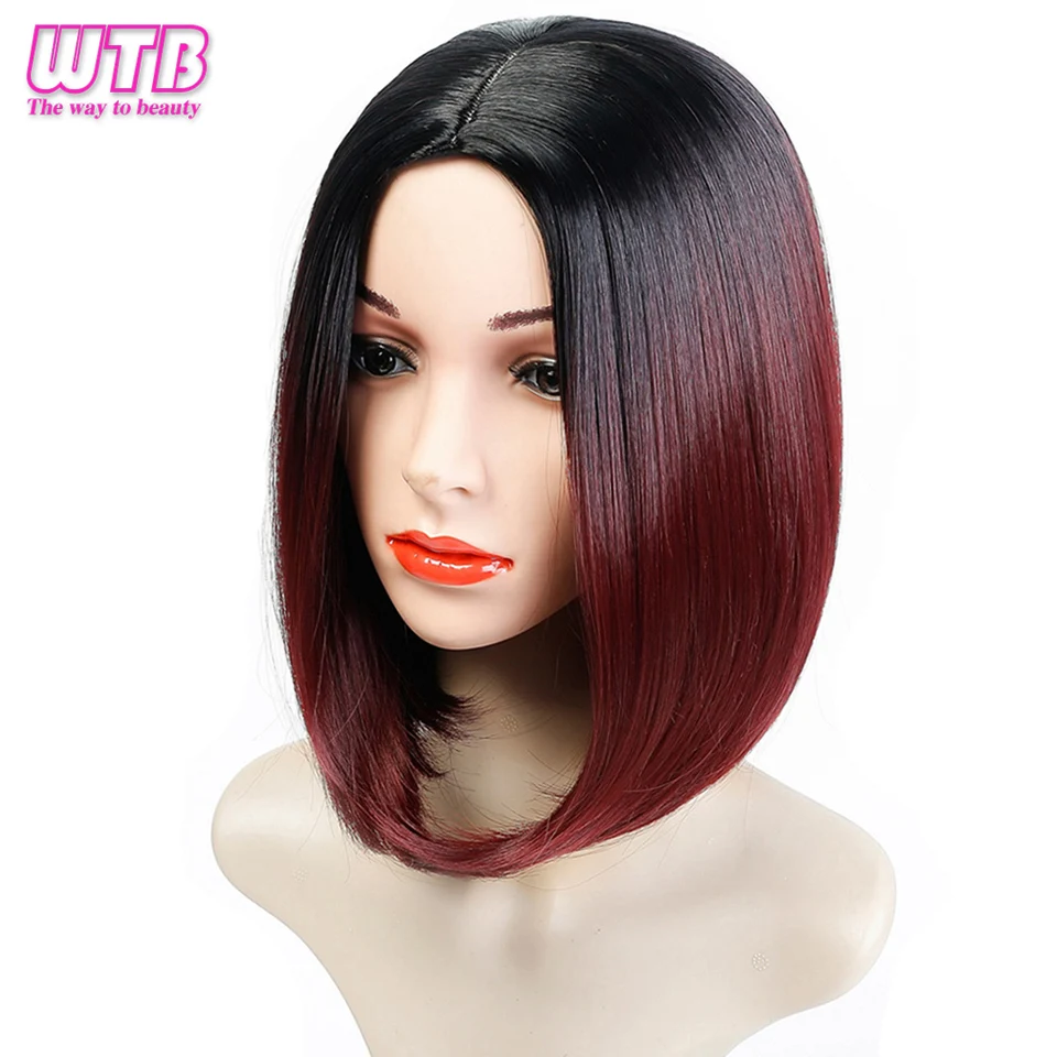 

Girls Synthetic Ombre Red Brown Wigs Short Black Straight Hair for Women's 14" Middle Part False Hair