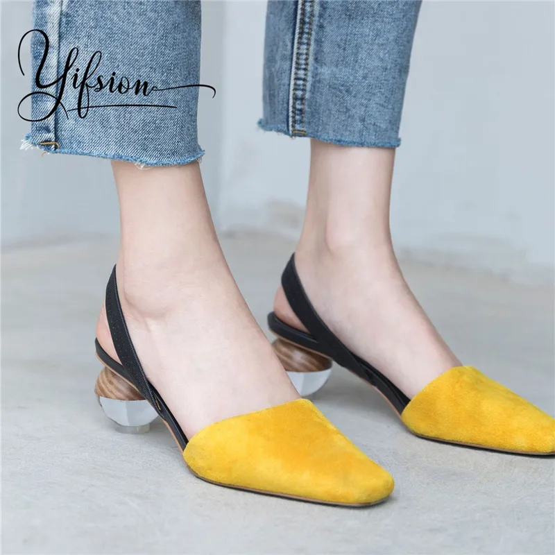 

YIFSION New Fashion White Kid Suede Women Summer Sandals Square Toe Slip On Round Mid Heel Women Sandals Party Shoes Woman