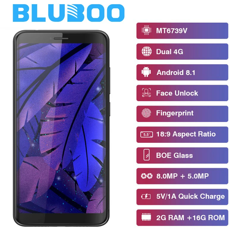 Bluboo D6 Pro Мобильный телефон Android 8 1 5 inch 2 GB 16 18:9 8MP двойной Камера MT6739 4 ядра Face ID