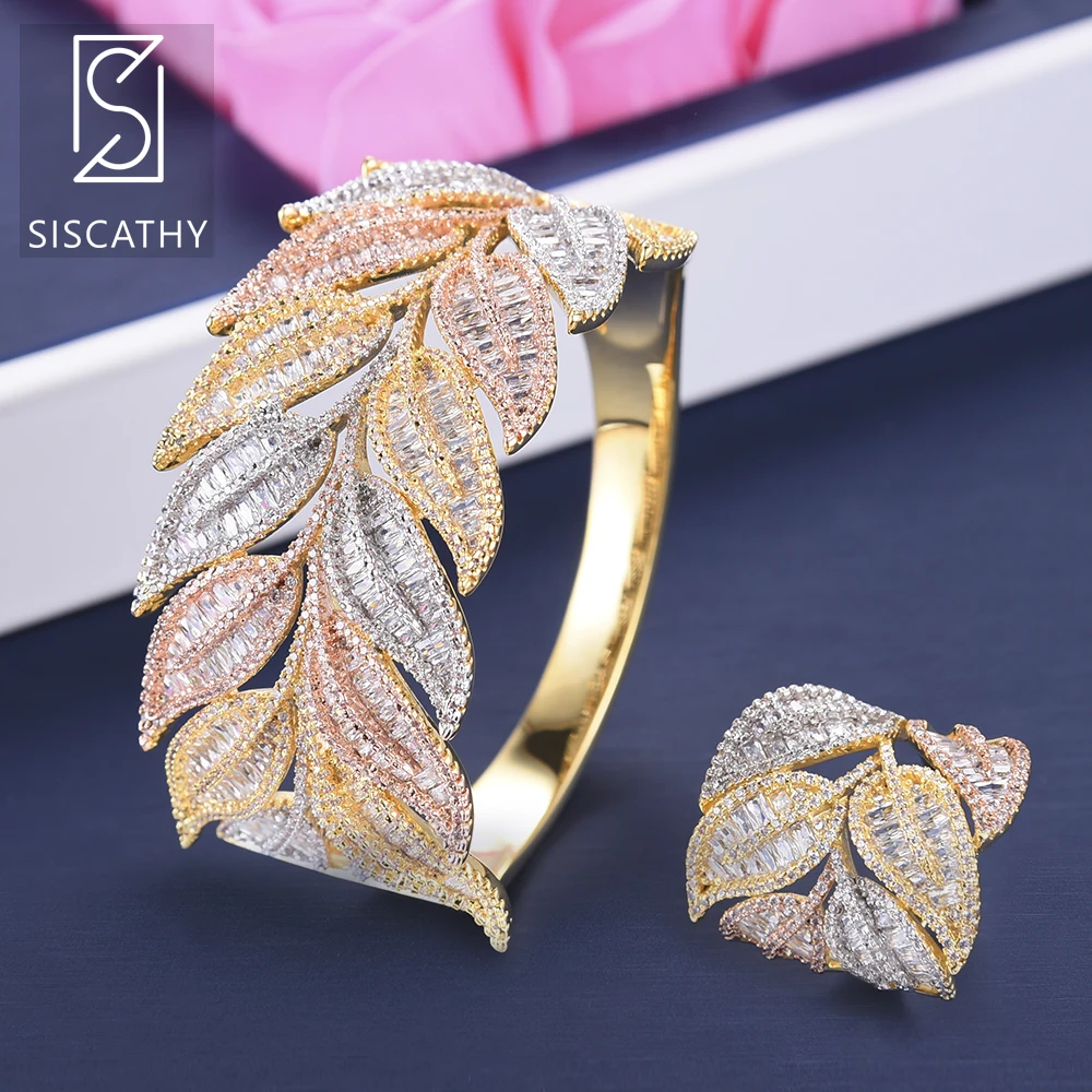 

2 PCS Jewelry Set Luxury Leaf Branch Shape African Wedding Jewelry Sets Cubic Zirconia Bridal Bangle Bracelet Ring For Women