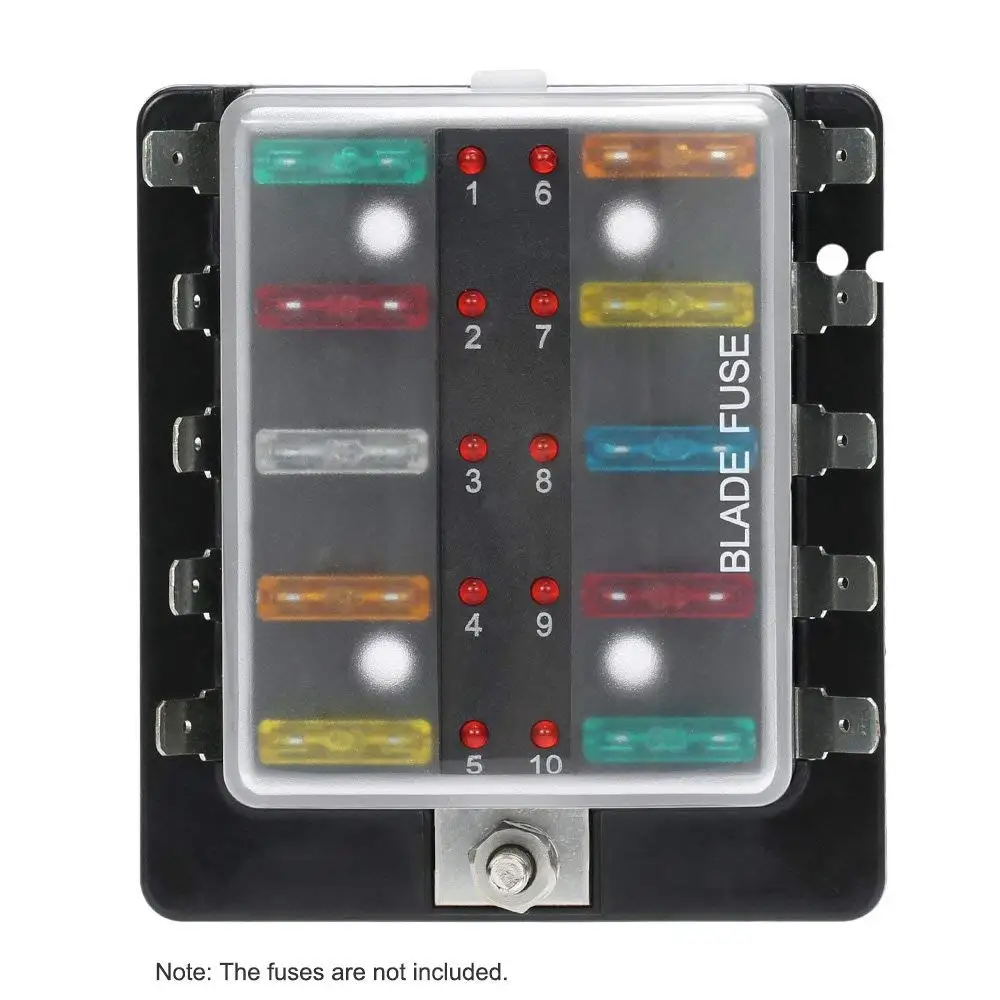 DC 12V 10 Way Blade Fuse Box Holder with LED Warning Light Kit for Car
