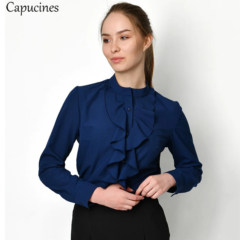 

Capucines Ruffled Embellishment Solid Color Long-sleeved Shirt Office Girl Round Neck Spring Summer Shirts Woman Casual Blouses