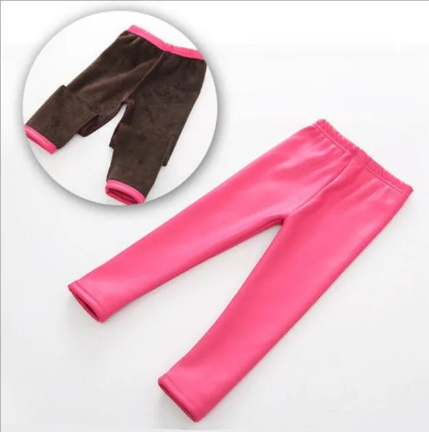 Большая распродажа; зимние леггинсы из искусственной кожи для девочек; теплые леггинсы с цветочным принтом; сезон осень-зима; плотные брюки; брюки для детей 3-10 лет - Цвет: Розово-красный