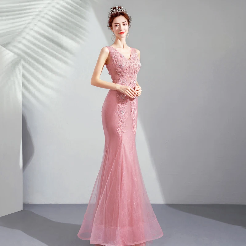 

Mermaid pink Evening dress long 3d flower pearls prom gown robe de mariee ladies homecoming dress formal dress vestido de noiva