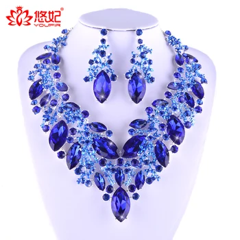 

New Luxury Royal Blue Crystal Bridal Jewelry Set For Brides Necklace Earring Wedding Party Accessories Plants type women jewelry