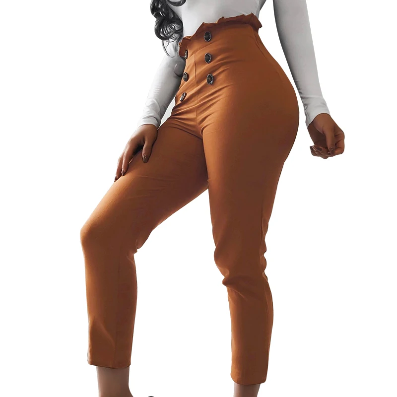 

CHRLEISURE High Waist Pants Women Fashion Patchwork Pantalon Femme Button Streetwear Elastic Waist Carrot Pants