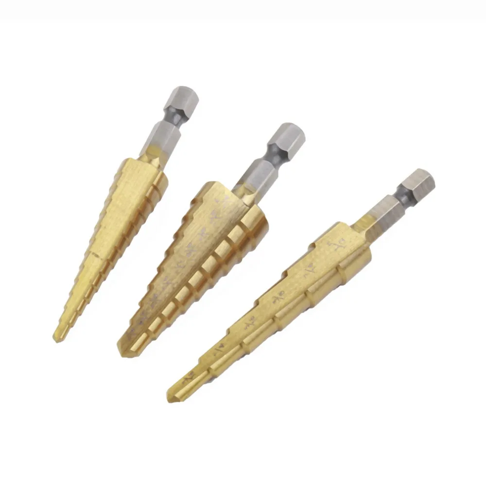 

Mainpoint 3pc Titanium Coated Hss Stepped Down Drill Step Drill Bits Set 1/4"SAE Drills Hex Shank Quick Release