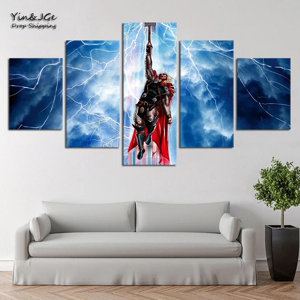 

Wall Art Canvas Pictures Frame 5 Pieces Viking God Of Lightning Thor Stock Painting Abstract Game Poster Home Decor Living Room