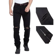 New Fashion Kanye West Jean Motorcycle Black Rock Star Knee Holes Destroyed Skinny Ankle Zipper Denim Jeans Men
