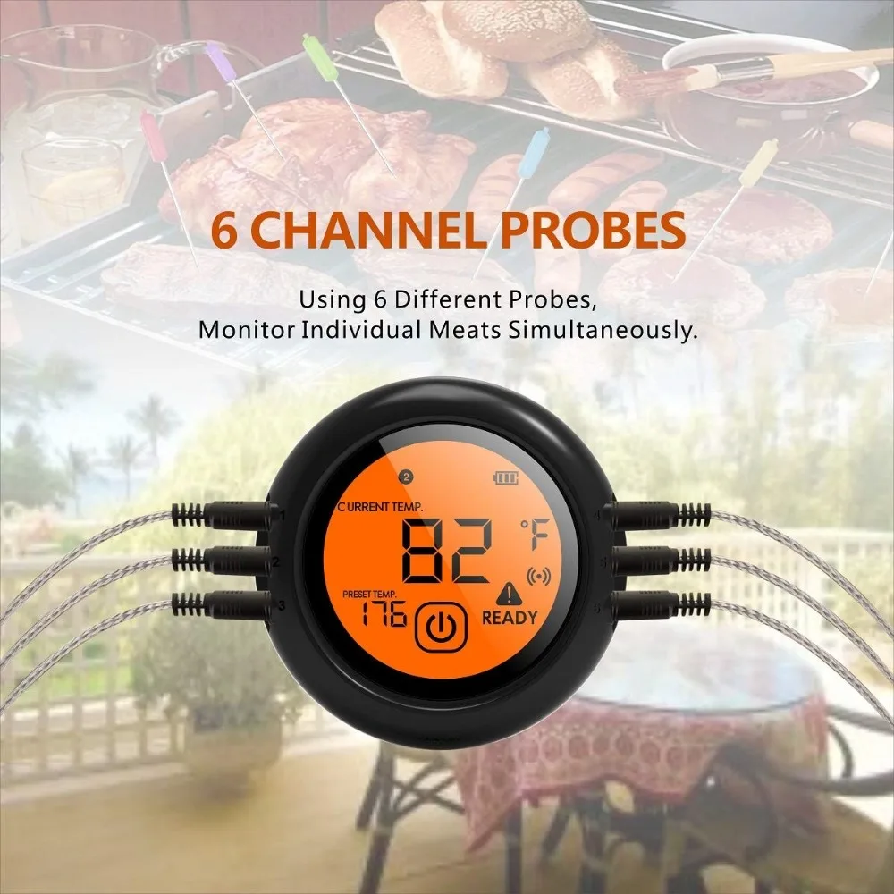 6 зондов Смарт Bluetooth термометр беспроводной дистанционный цифровой барбекю гриль барбекю мясо еда приготовления курильщик термометр