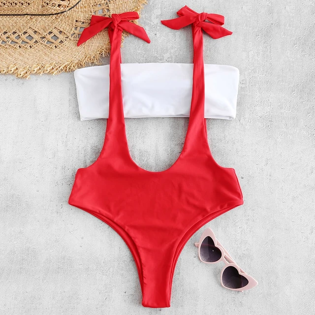 Women Color Block Suspenders Bikinis High Waisted Elastic Bikini Set