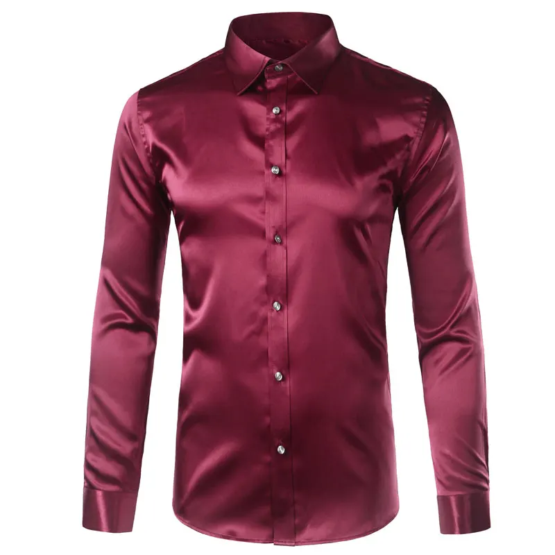Гладкая шелковая атласная рубашка для мужчин, приталенная, с длинным рукавом, блестящая, серебряная, мужская рубашка, s Weedding, Клубная, для вечеринки, для выпускного, мужская рубашка-смокинг, XxXl - Цвет: Wine Red