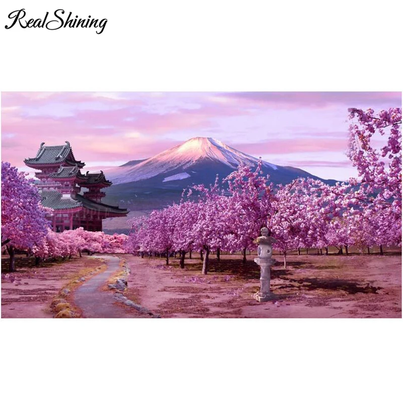 

picture of Rhinestone Mosaic 5D Diy Diamond Painting SPink Cherry Blossom Scenery Diamond Embroidery full square round FS5634