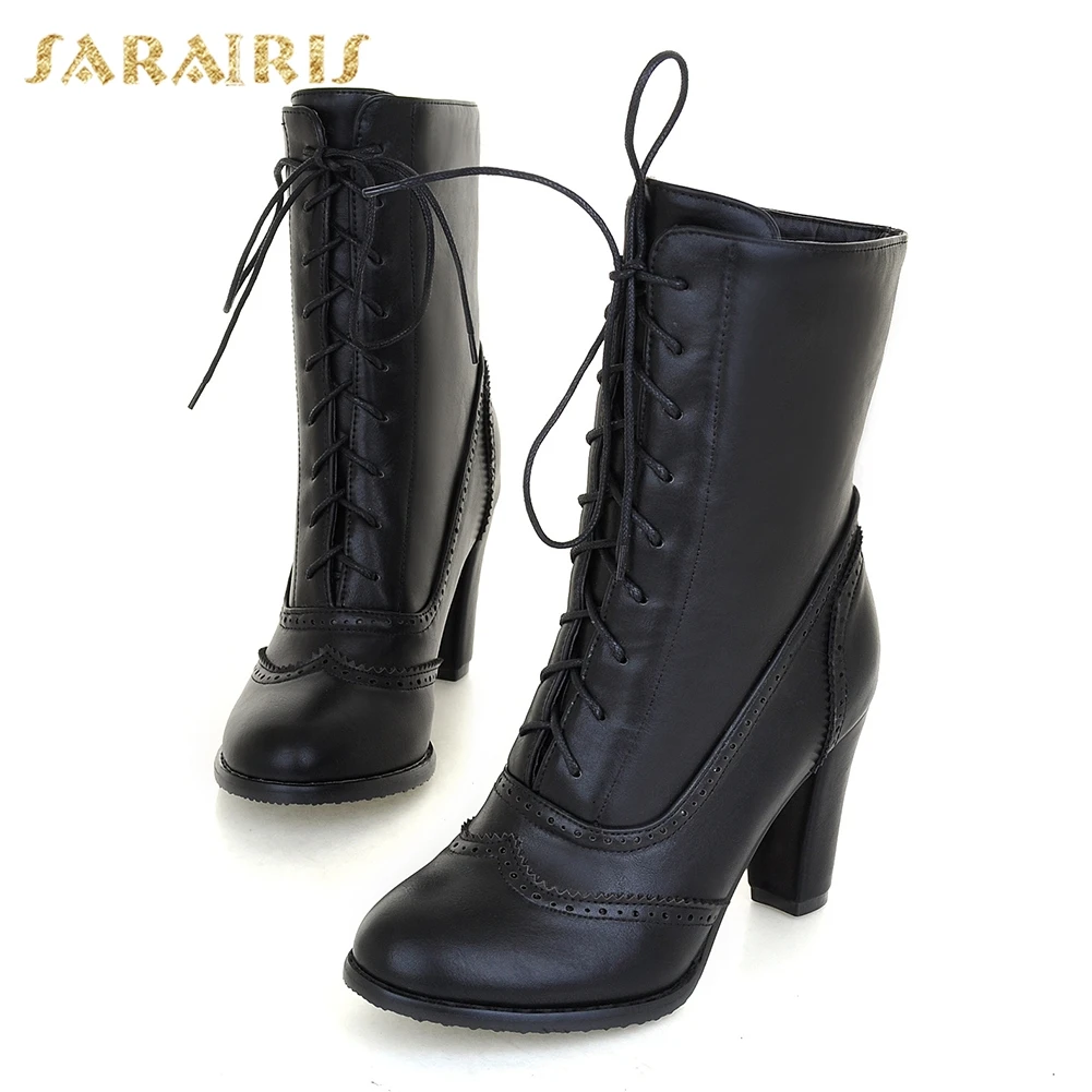 SARAIRIS/; большие размеры 32-43; женская обувь на шнуровке; ; Модные ботильоны на меху на квадратном каблуке; зимние теплые ботинки