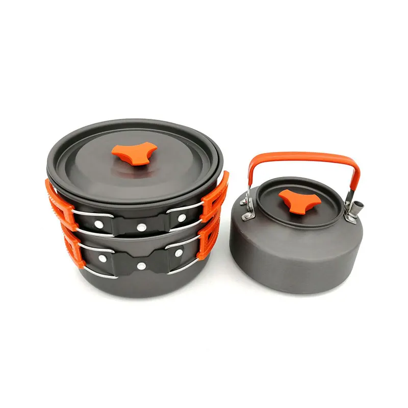 VILEAD Camping al aire libre de pesca de maceta tetera combinación 2-3 persona conjunto olla con tetera utensilios de cocina conjunto de tres piezas hacer café