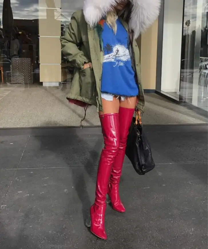 red patent leather knee high boots