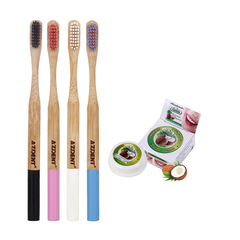 

10g Coconut Tooth Whitening Toothpaste with Bamboo Charcoal Toothbrush Wooden Soft Bristle Teeth Cleaning Allergic Gel Cleaner