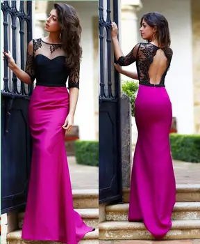 

Black Muslim Evening Dresses 2019 Mermaid Half Sleeves Lace Backless Turkey Islamic Dubai Saudi Arabic Long Formal Evening Gown