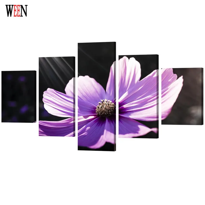 

WEEN HD Printed Framed 5 canvas Purple Flower Picture Stretched And Framed Wall Canvas Art For Living Room Cuadros Decoracion