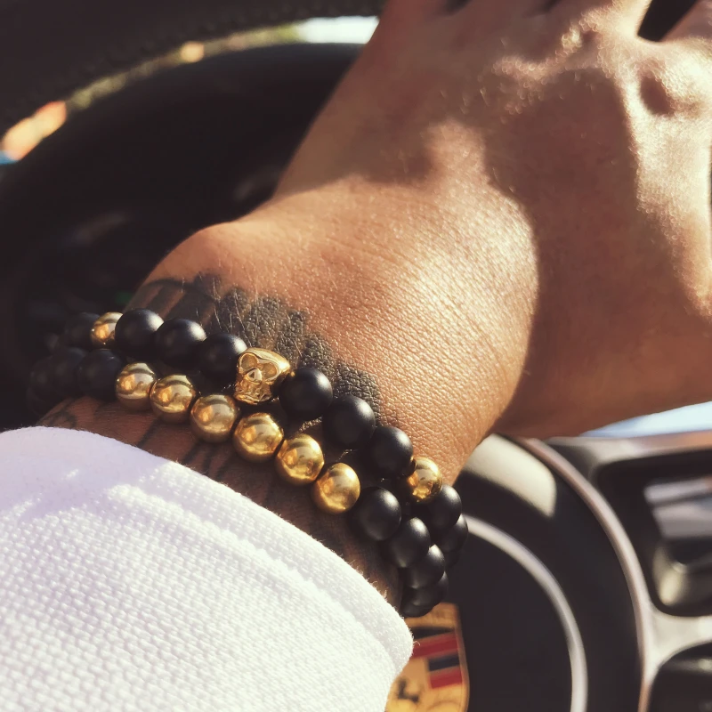 Mcllroy 2Pcs Natural Stone Buddha Charm Bracelets Skull Golde Beads Bracelets For Women Men Jewelry Cool Yoga Bracelets bileklik